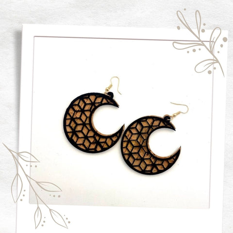 Eco cork earrings in crescent moon shaped design. Lightweight and intricate.