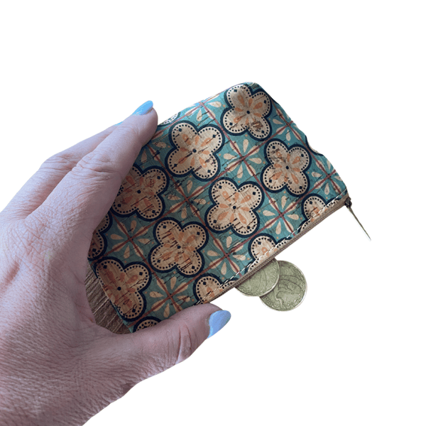 Small is beautiful  Lightweight and compact eco cork purse with pretty flower pattern.  Use daily for your coins, card, keys and lippie. Or buy an extra one and use it to store hair ties, jewellery and more.  Made of sustainable cork material that's soft, comfortable to hold hand, weather resistant and easy to clean.   Perfect for little girls - young or old!